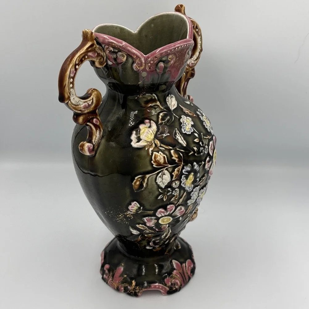 19th Century Eastern European Majolica Vase Raised Flowers 10